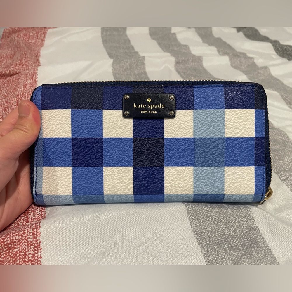Kate spade blue and white checked wallet.